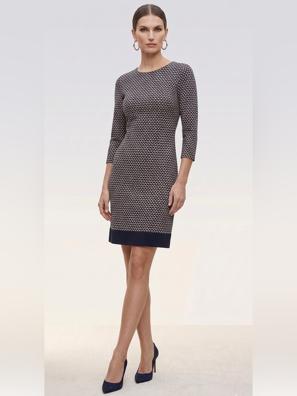 Elegant Navy & White Patterned Shift Dress Size Medium